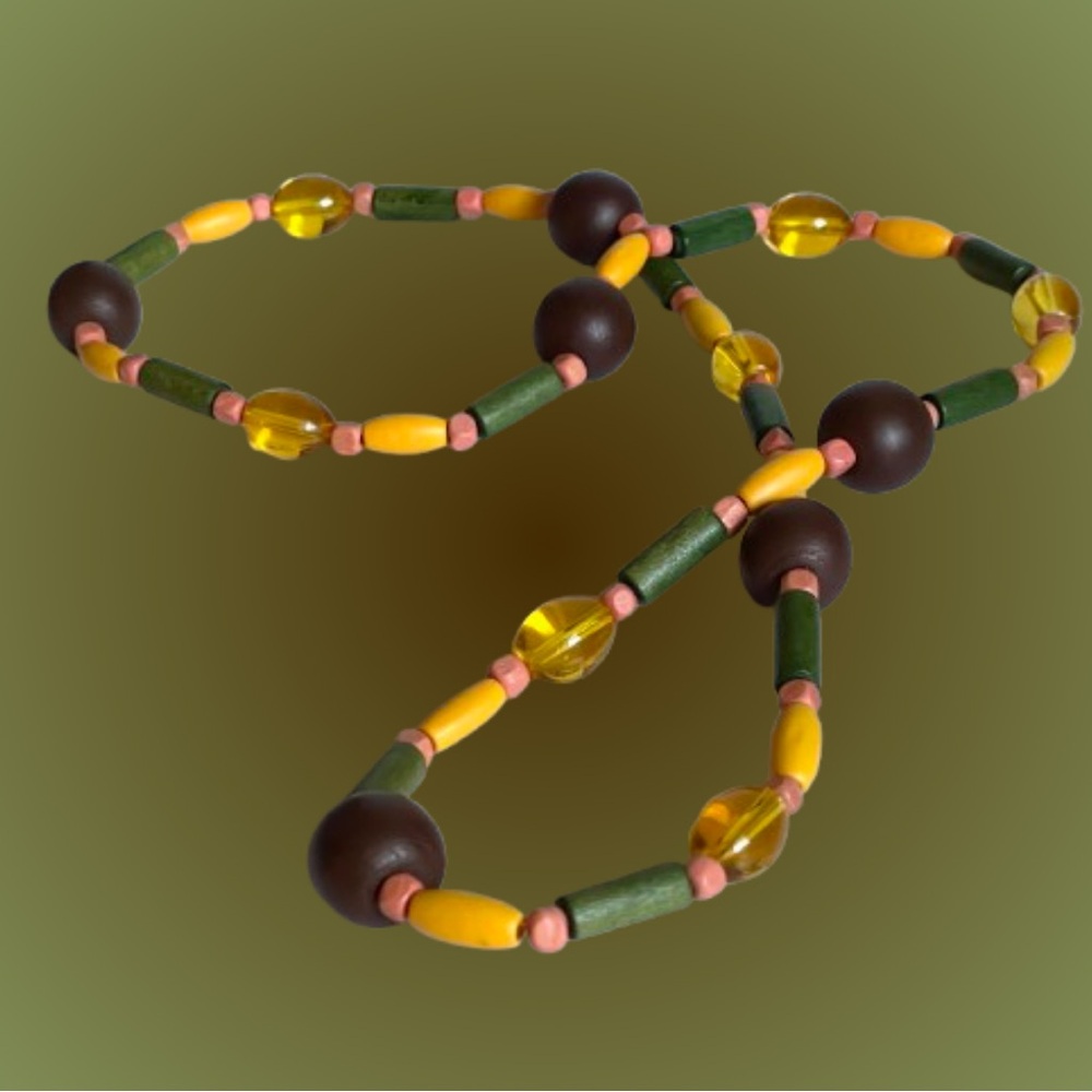 Vintage boho multicolored wood bead & apple juice glass necklace